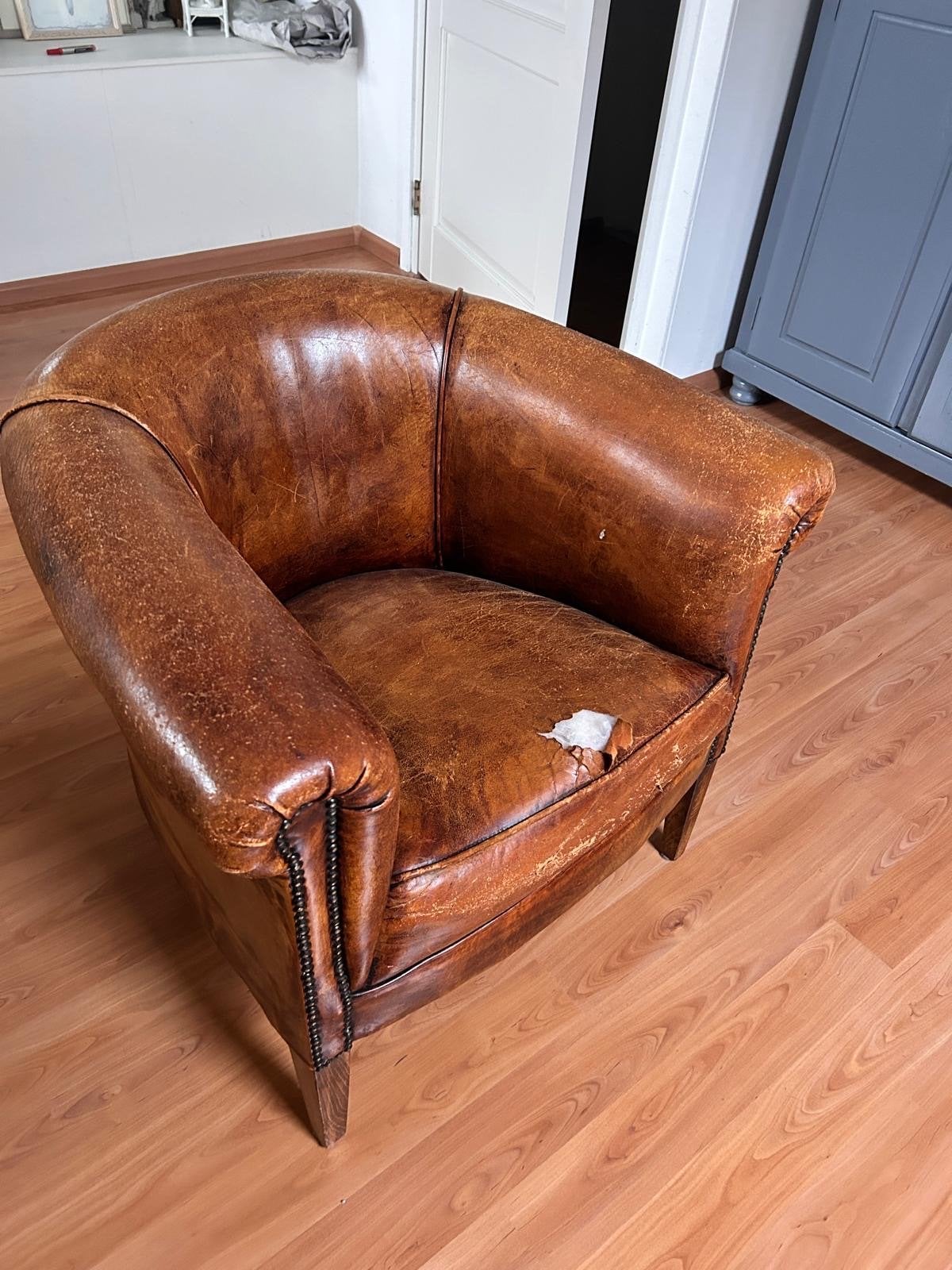 Cognac Leren Clubfauteuil - Vintage Look, Huis en Inrichting, Ophalen, Gebruikt, Leer, 50 tot 75 cm