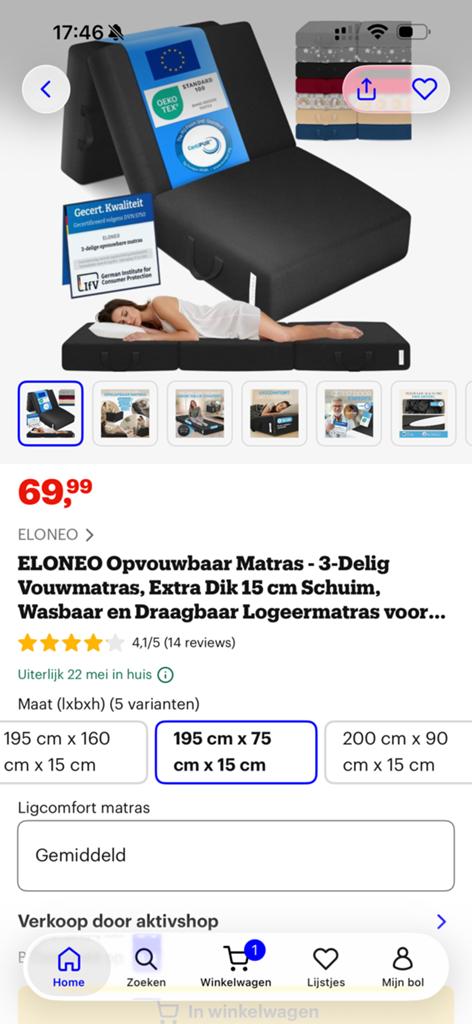 Eloneo Opvouwbaar Matras - 3-Delig Vouwmatras, Ophalen, Zo goed als nieuw, 10 inch, Bescherming voor- en achterkant