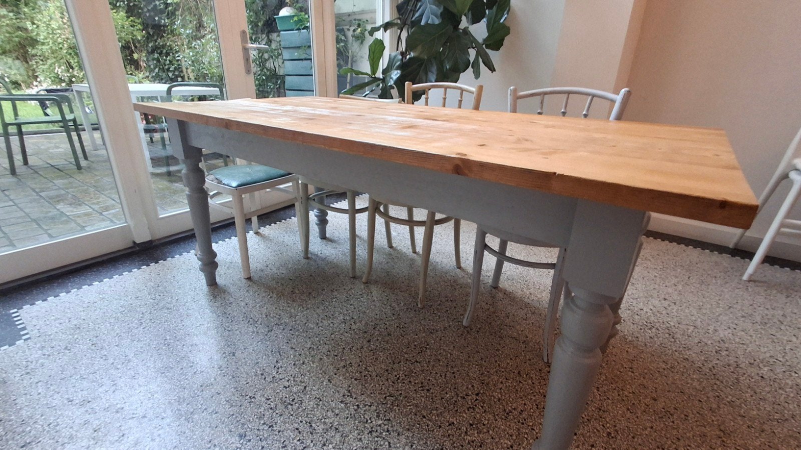 Grote vintage eettafel van Van Dijk en Co, Ophalen, Gebruikt, 200 cm of meer, 50 tot 100 cm