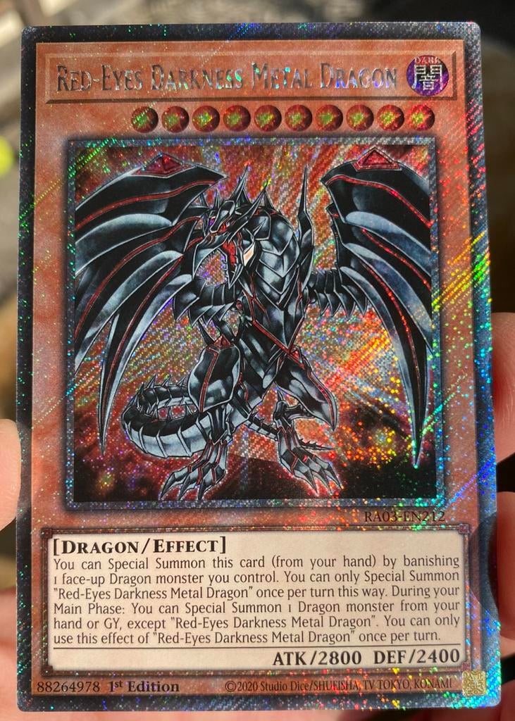Yu-Gi-Oh! Red-Eyes Darkness Metal Dragon RA03 1st !, Ophalen of Verzenden, Zo goed als nieuw, Losse kaart, Foil