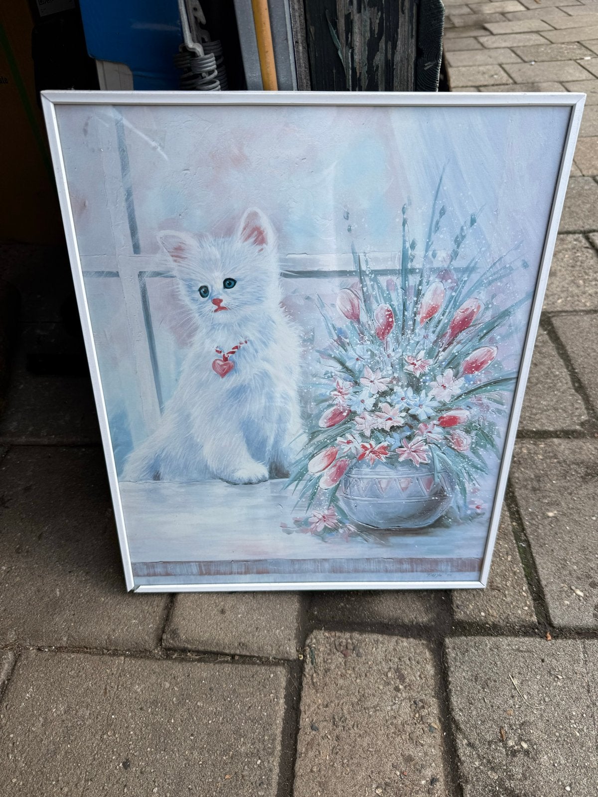 Schilderij met schattige witte kat en bloemen, Antiek en Kunst, Kunst | Schilderijen | Modern, Ophalen of Verzenden, Olieverf