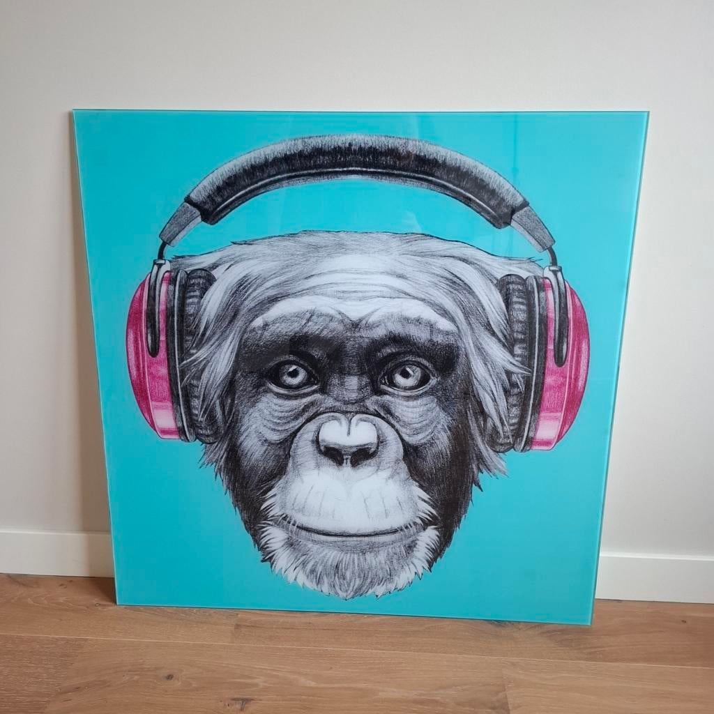 Leuk schilderij van aap op glas voor kinderkamer 80x80cm, Gebruikt, Ophalen of Verzenden, Schilderij, 75 tot 100 cm