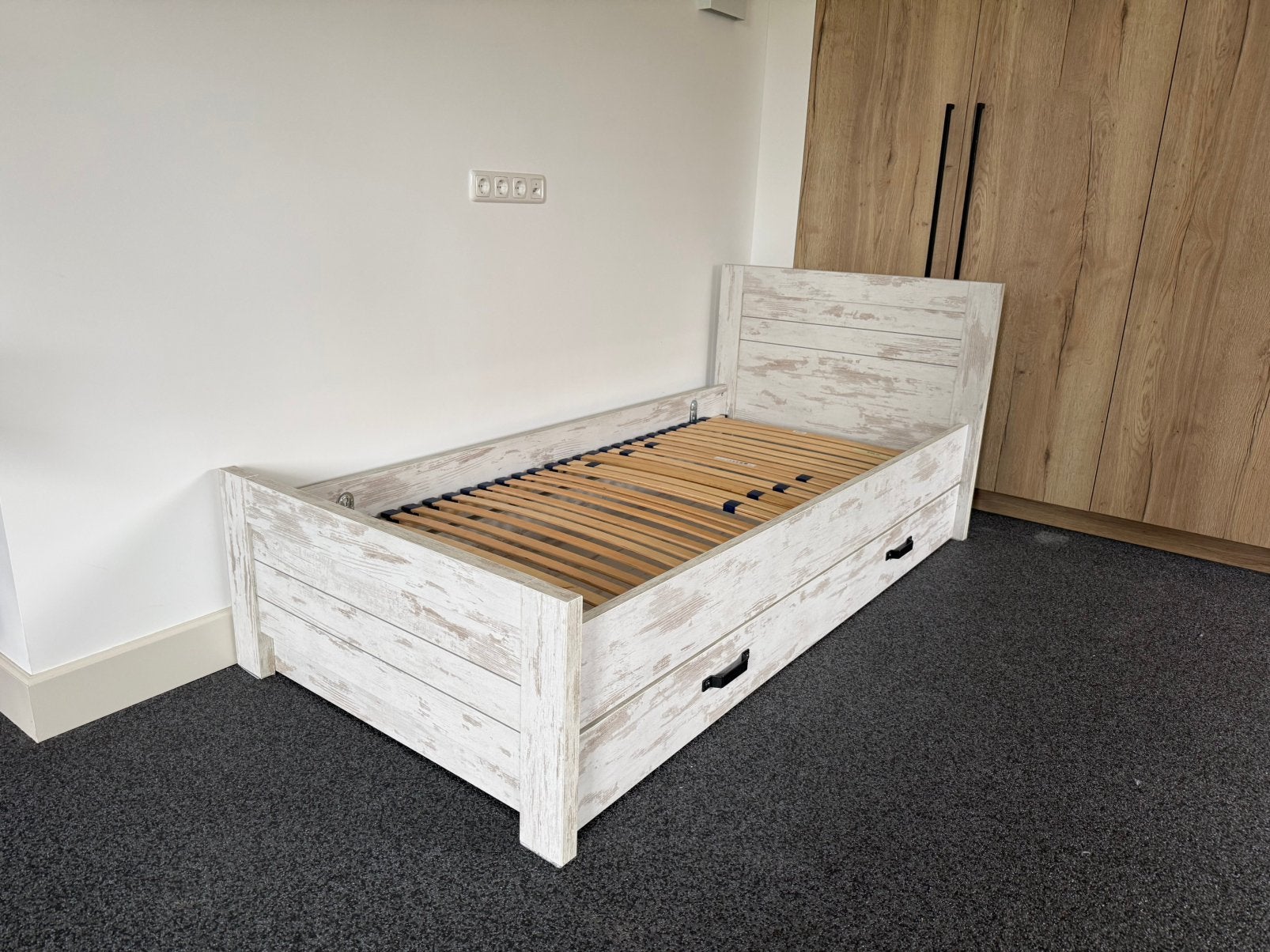 Stoer eenpersoonsbed met lattenbodem, Ophalen, 90 cm, Eenpersoons, Wit