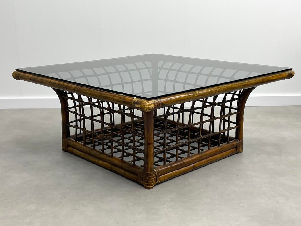 Vintage bamboe glazen salontafel, Huis en Inrichting, Tafels | Salontafels, Ophalen, 50 tot 100 cm, 50 tot 100 cm, Zo goed als nieuw