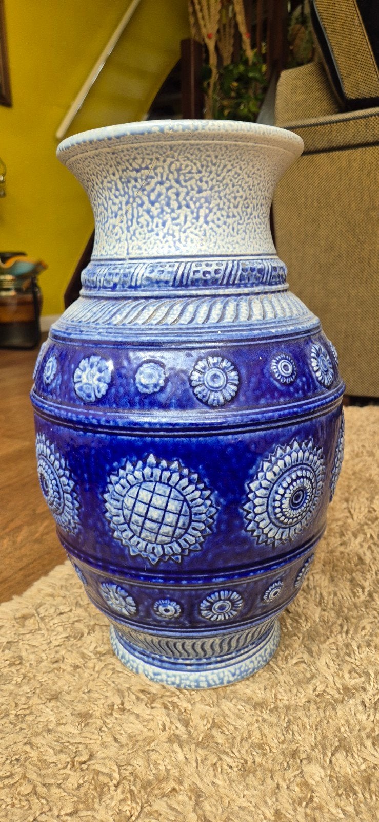 Vintage Jasba Germany Vaas - Blauw/Wit Reliëf - 40 cm, Antiek en Kunst, Ophalen of Verzenden