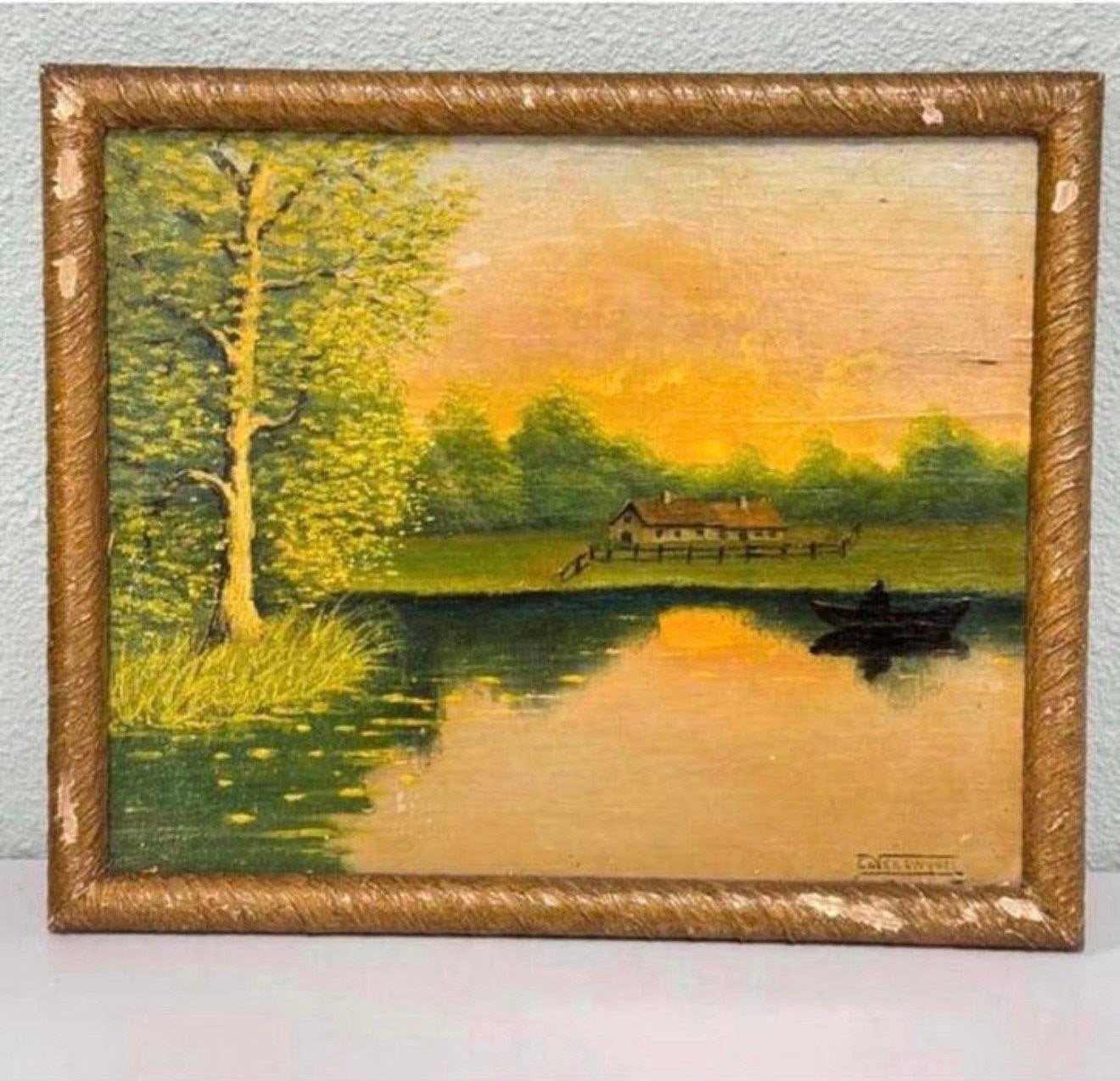 EDVER SWYVEL - Schilderij landschaps scène zonsondergang, Ophalen of Verzenden, Landschap