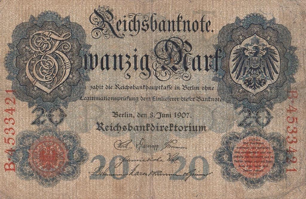 ZWANZIG MARK 20 DUITSLAND 1907, Postzegels en Munten, Bankbiljetten | Europa | Niet-Eurobiljetten, Ophalen of Verzenden, Duitsland