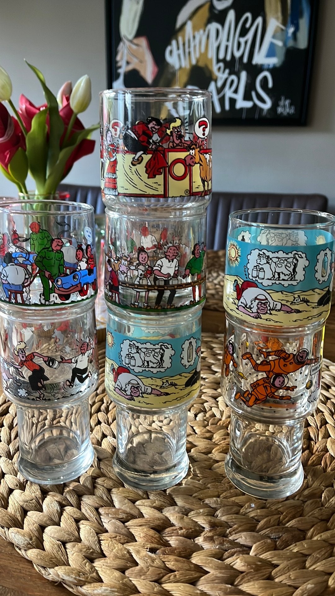 Mooie set van 7 retro glazen – Suske en Wiske, Ophalen, Gebruikt, Overige typen