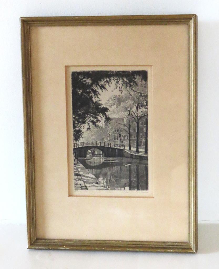Ets, Amsterdam Reguliersgracht, Maarten langbroek 1918-1985, Antiek en Kunst, Ingelijst, 22 cm, Stadsgezicht, 17 cm