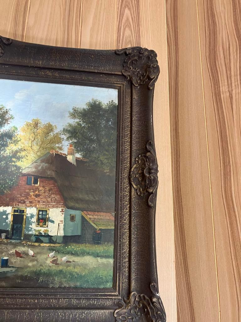 Oud Hollands Landschap Schilderij met Boerderij Mooie Lijst, Ophalen