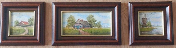 Prachtige set van drie ingelijste schilderijen van J. Verda., Antiek en Kunst, Ophalen of Verzenden