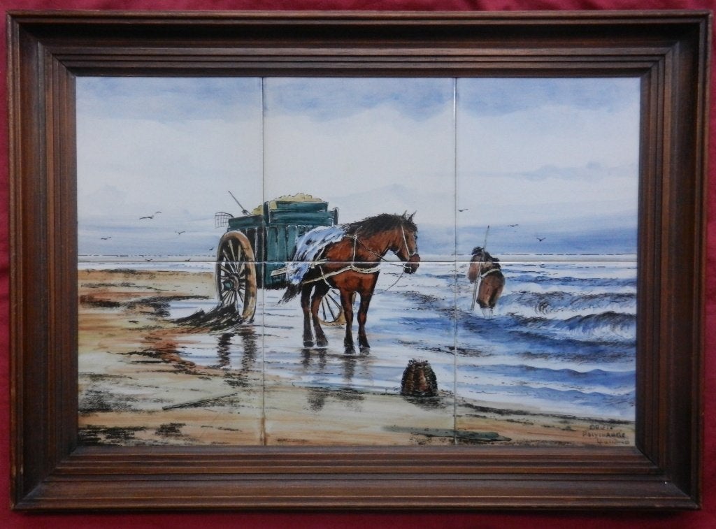 Zesdelig tegeltableau Schelpenvisser op strand verm. Velsen, Antiek en Kunst, Antiek | Keramiek en Aardewerk, Ophalen of Verzenden