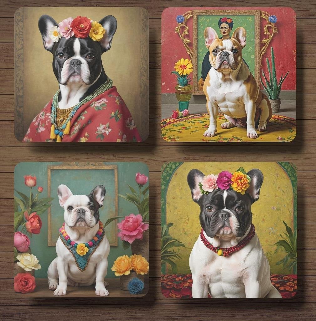 Franse Bulldog Frida Kahlo onderzetters met houder, Ophalen of Verzenden, Zo goed als nieuw