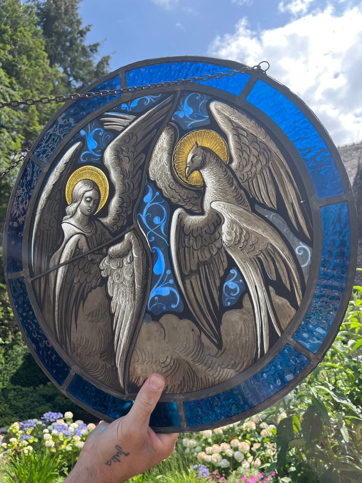 Uniek glas-in-lood paneel met engelen en vogelmotief, Ophalen