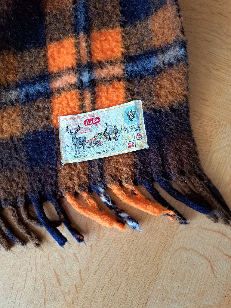 Vintage Aabe wollen plaid - Oranje/Bruin geruit, Ophalen, 130 cm, Wol, 180 cm