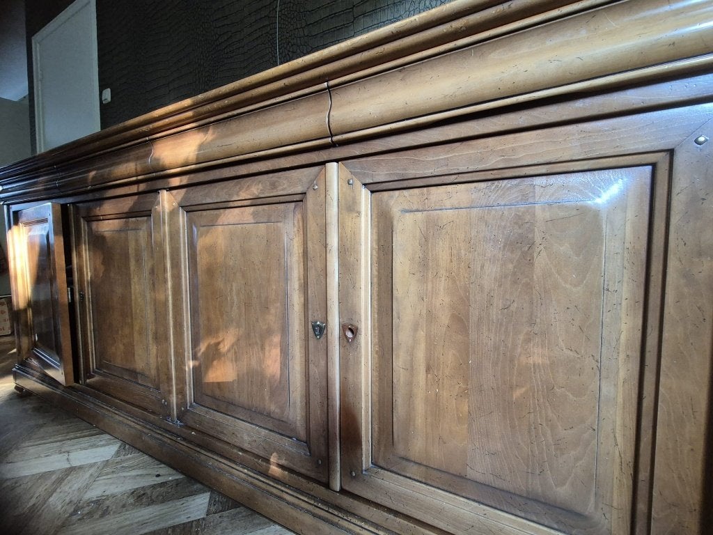 Massief houten dressoir 227 cm 4 lades & 4 deuren, Ophalen, Gebruikt, Met deur(en), 200 cm of meer