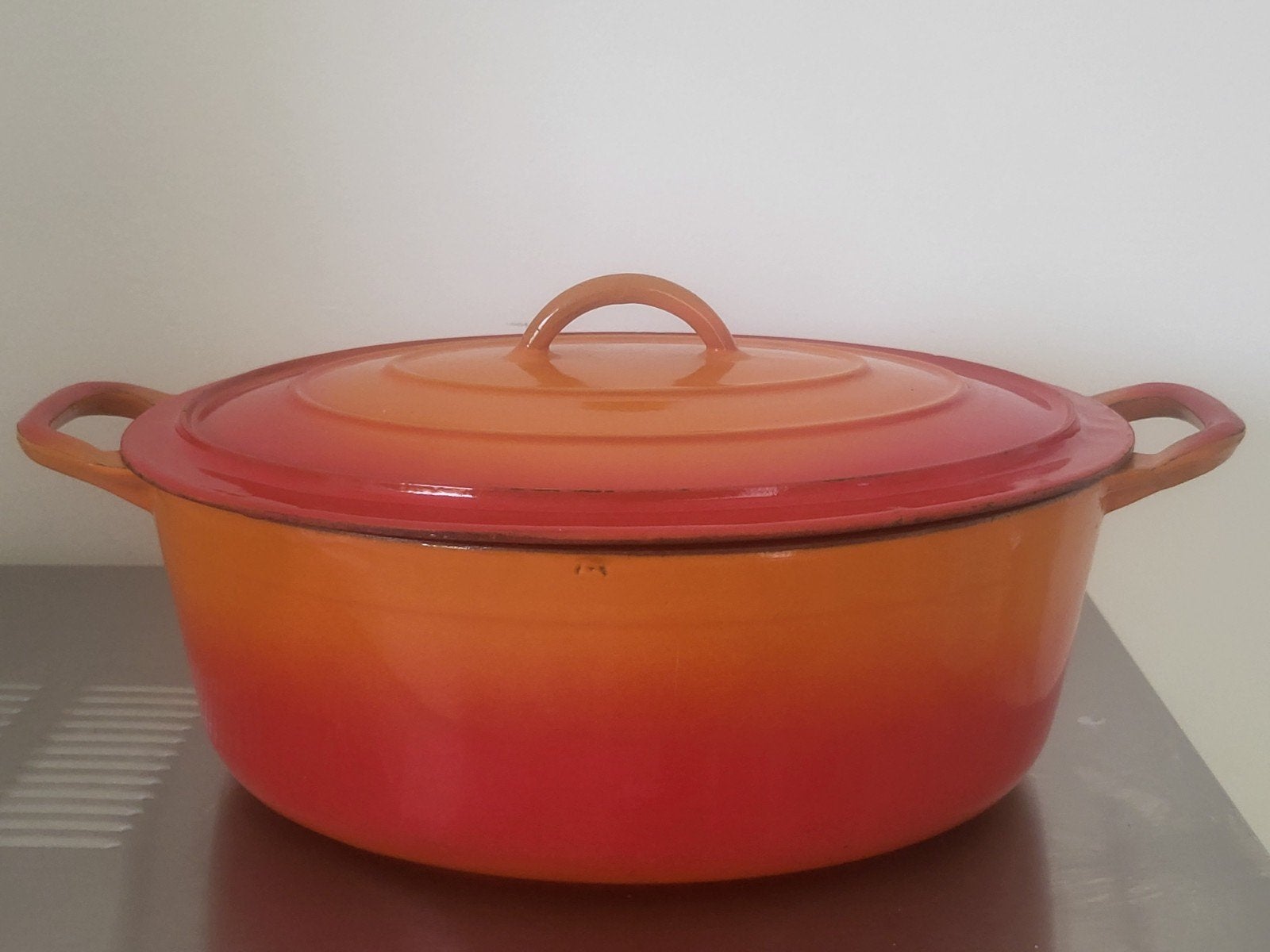 Vintage Le Creuset Descoware braadpan 29cm, Huis en Inrichting, Keuken | Potten en Pannen, Gebruikt, Gietijzer, Le Creuset, Ophalen of Verzenden