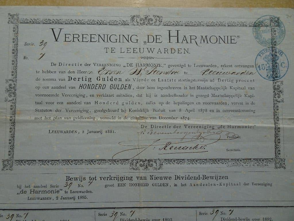 Aandeel in de Vereeniging "De Harmonie". Leeuwarden 1881, Postzegels en Munten, Aandelen en Waardepapieren, Ophalen of Verzenden