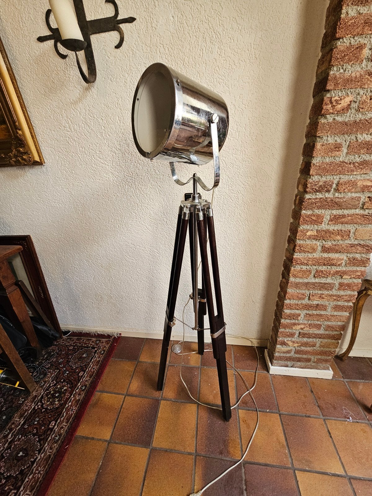 Vintage Studio Vloerlamp op Statief - Chroom & Hout, Ophalen