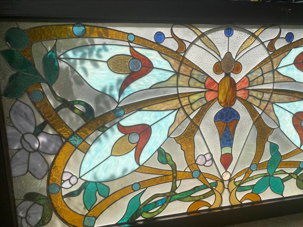 Groot glas in lood raam met Libelle, Doe-het-zelf en Verbouw, Glas en Ramen, Ophalen of Verzenden, Glas in lood