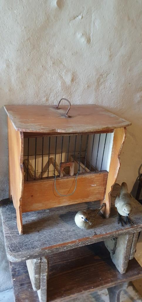 Frans brocante handgemaakt vinkenkooitje vogelkooi, Ophalen of Verzenden, Gebruikt, Hout, Vogelkooi