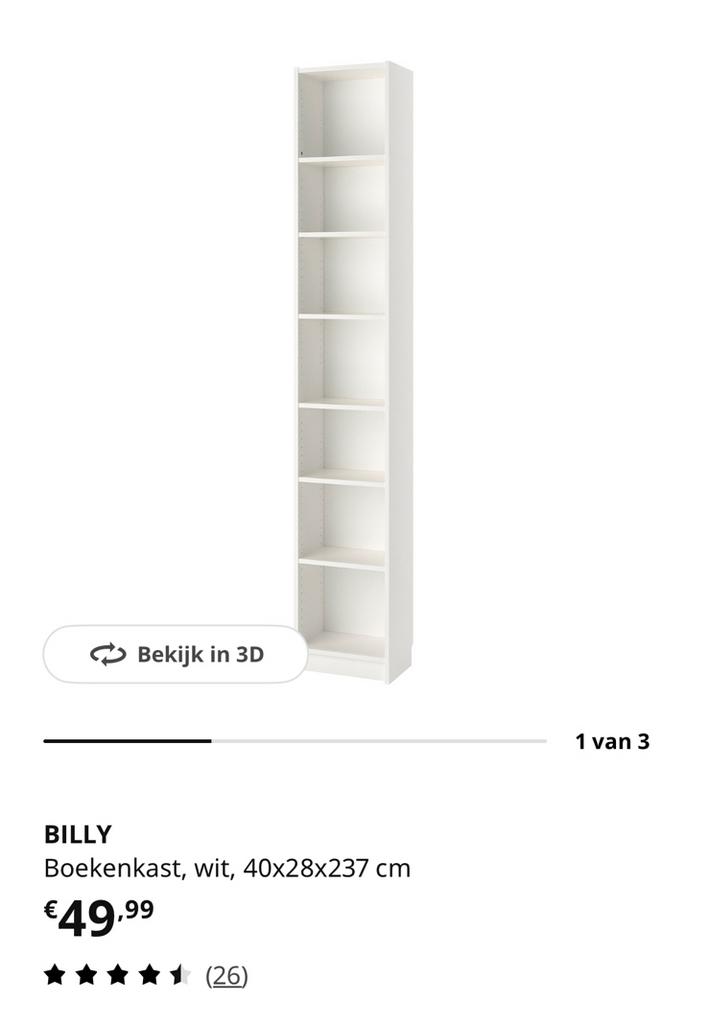 IKEA BILLY boekenkast – wit, Ophalen, Zo goed als nieuw, 25 tot 50 cm, 200 cm of meer