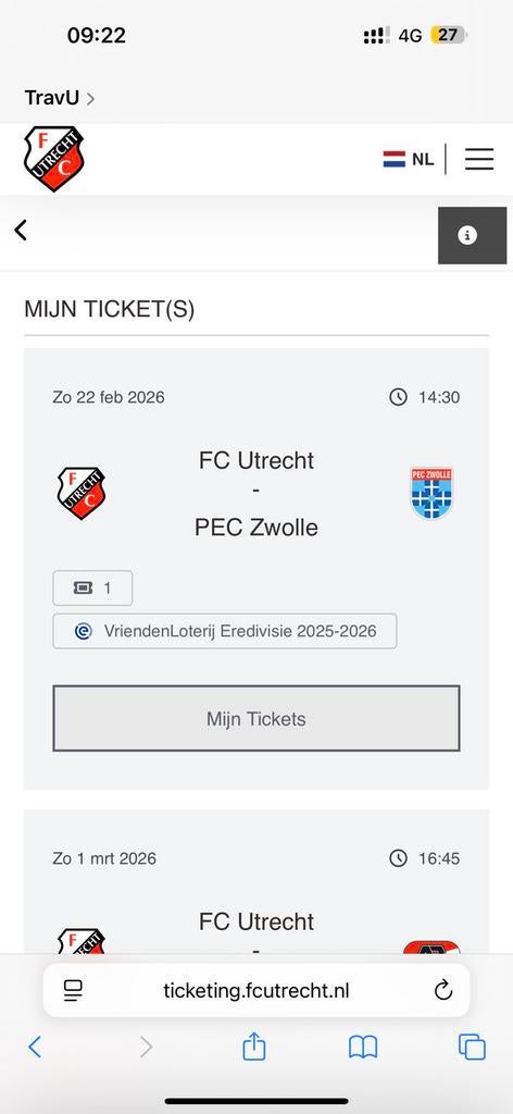 Ticket FC Utrecht Pec bunnikside, Tickets en Kaartjes, Eén persoon