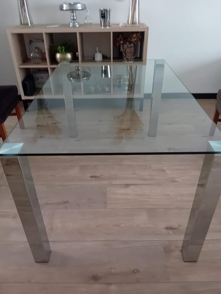 Glazen eettafel spiegel poten zo goed als nieuw, Ophalen, 100 tot 150 cm, 50 tot 100 cm, Zo goed als nieuw