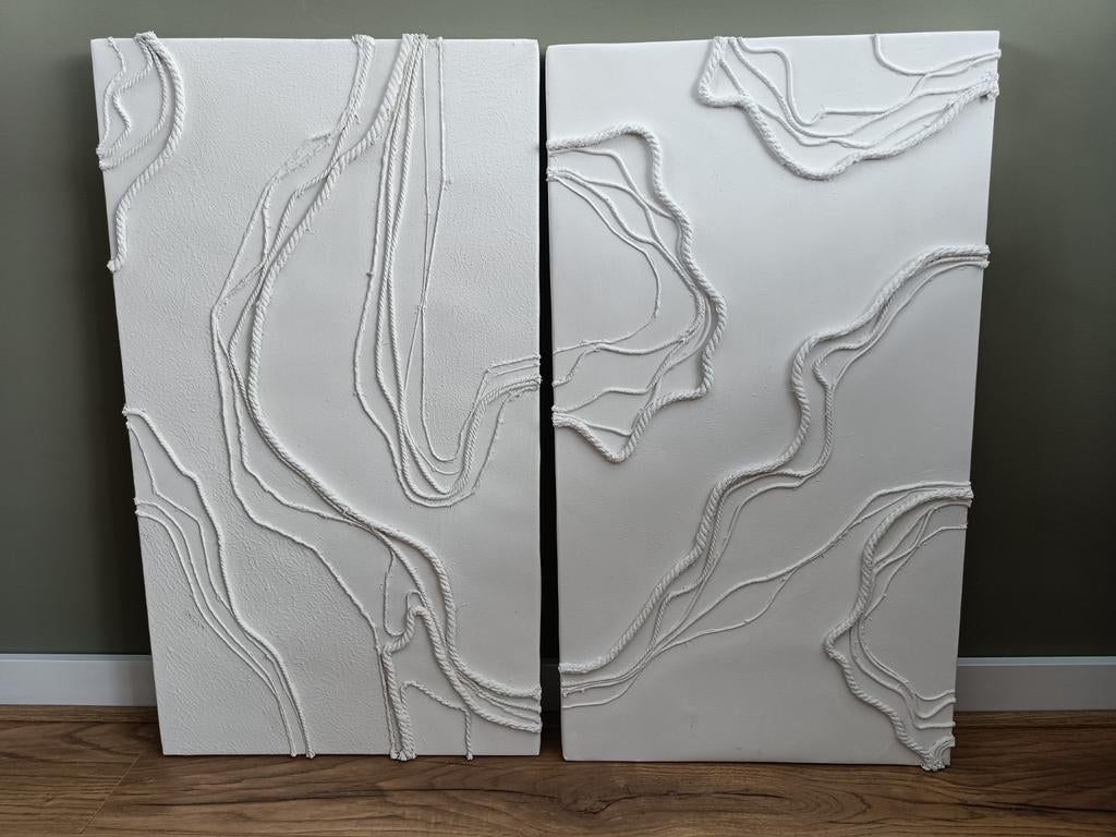 2 x abstracte 3D schilderijen reliëf wit 42 x 75 cm, Ophalen of Verzenden, Nieuw