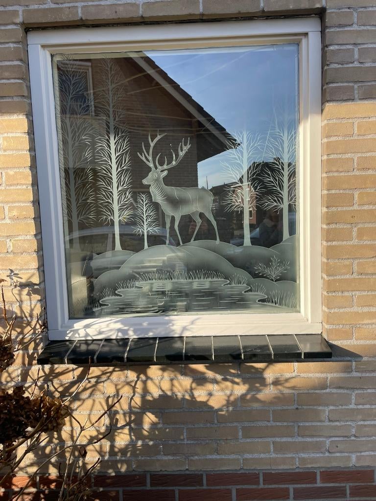 Raam ruit gegraveerd hert, Doe-het-zelf en Verbouw, Glas en Ramen, Ophalen, Gevelraam of Ruit, Gebruikt, 80 tot 120 cm