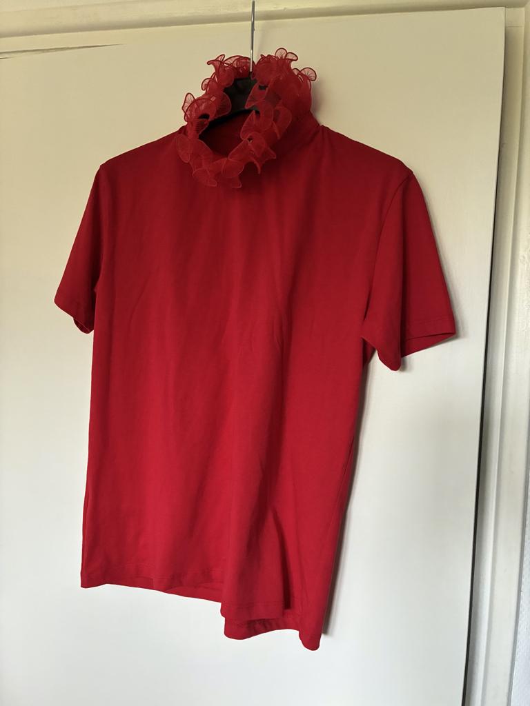 FRANKY MORELLO rode top met tule kraag maat XL, Maat 46/48 (XL) of groter, Ophalen of Verzenden, Zo goed als nieuw, Korte mouw