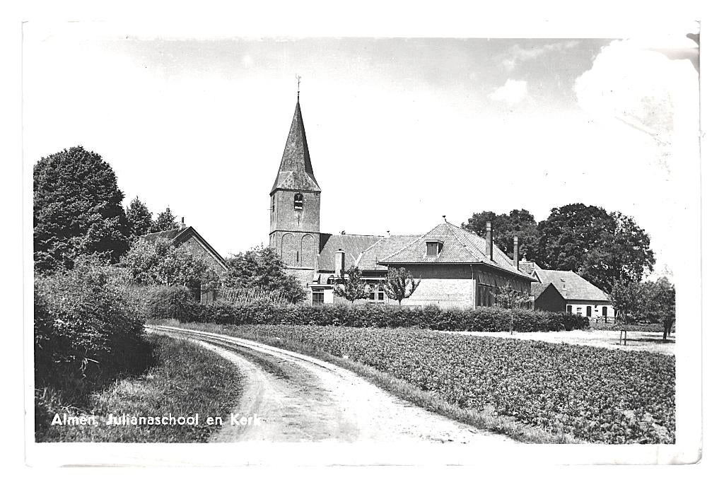 991113 Almen Julianaschool Kerk 1958 Gld Gelopen met zegel