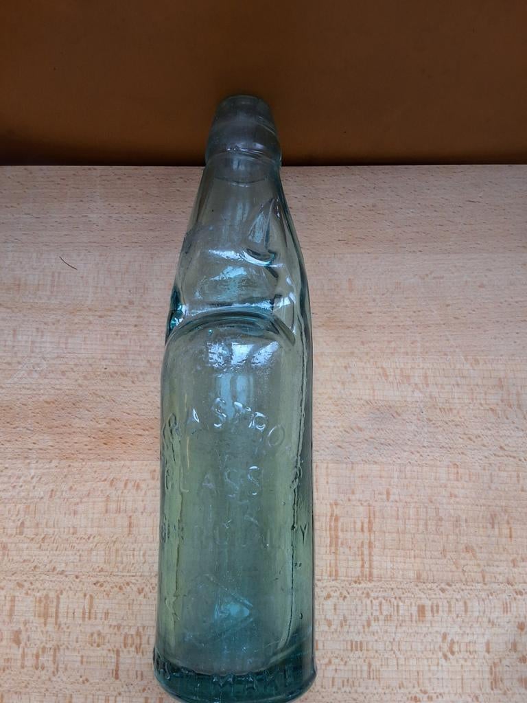 Antieke glazen kogel knikker fles licht groen codd-neck 1900, Ophalen of Verzenden