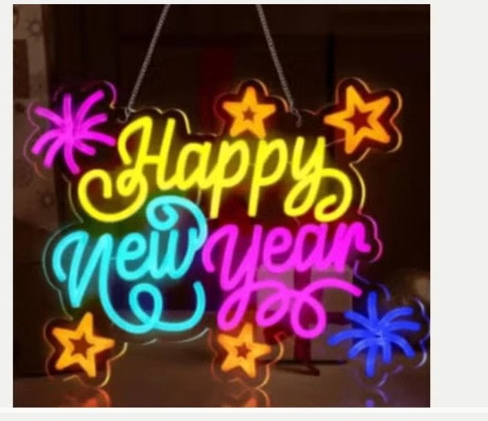 LED lamp neon stijl Happy New Year (40x32cm), Ophalen of Verzenden, Nieuw, Lichtbak of (neon) lamp
