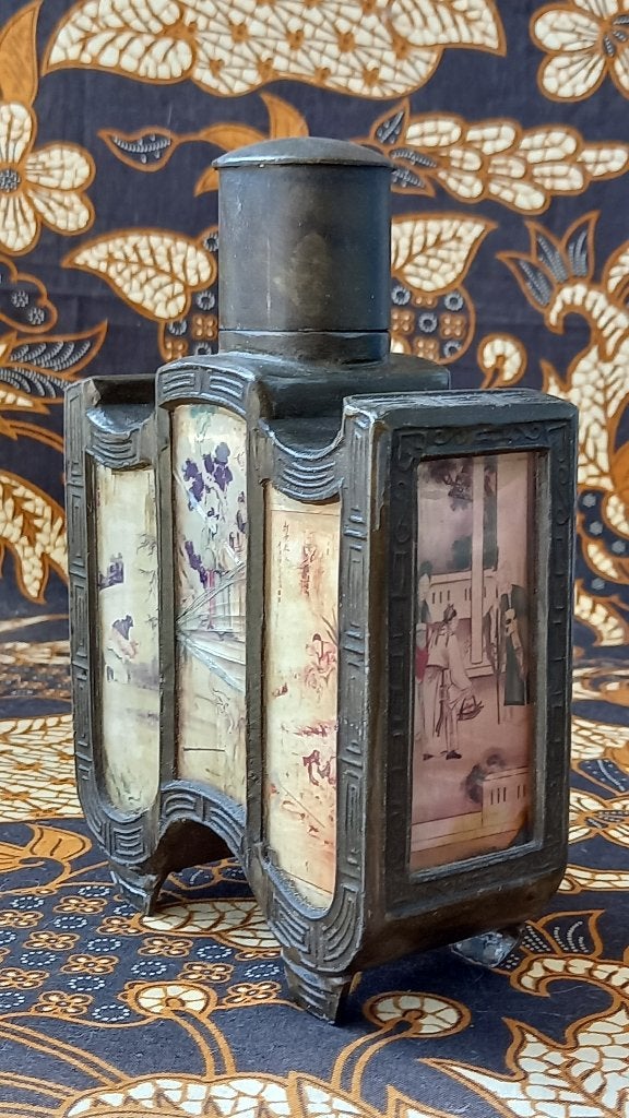 Verbronst tin en glas antieke Chinese theebus 17,7 cm., Meerkleurig, China, Ophalen of Verzenden, Gemerkt