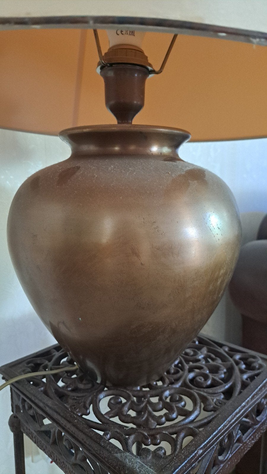 Vintage bronzen tafellamp met stoffen kap 2x, Antiek en Kunst, Ophalen