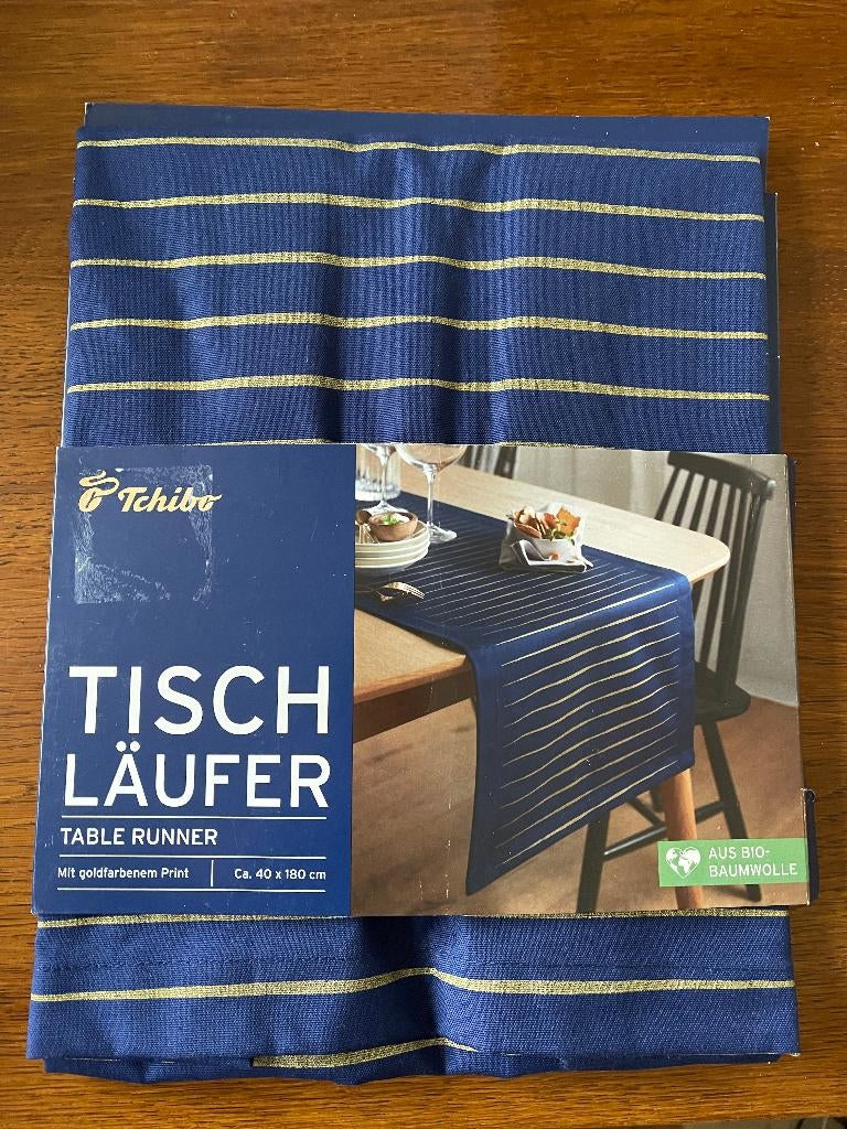 Tafelloper Merk: "Tchibo" 'Bio Katoen' Blauw/Goud Nieuw, Ophalen of Verzenden, Nieuw, Blauw, Tafelkleed of Tafelzeil