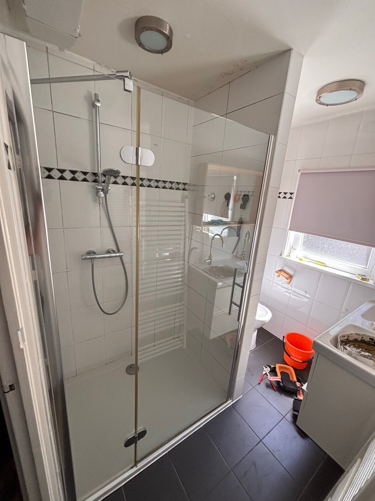 Douchedeur met glazen wand en chroom details 120 breed, Ophalen, Gebruikt, Chroom, Douche