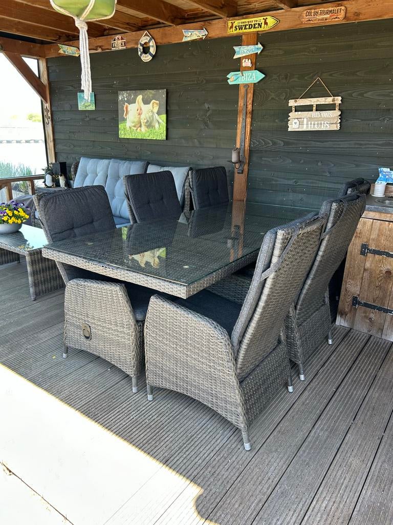 Wicker Tuinset met Glazen Tafel en Comfortabele Kussens, Tuin en Terras, Ophalen, Gebruikt, Eettafel, 6 zitplaatsen