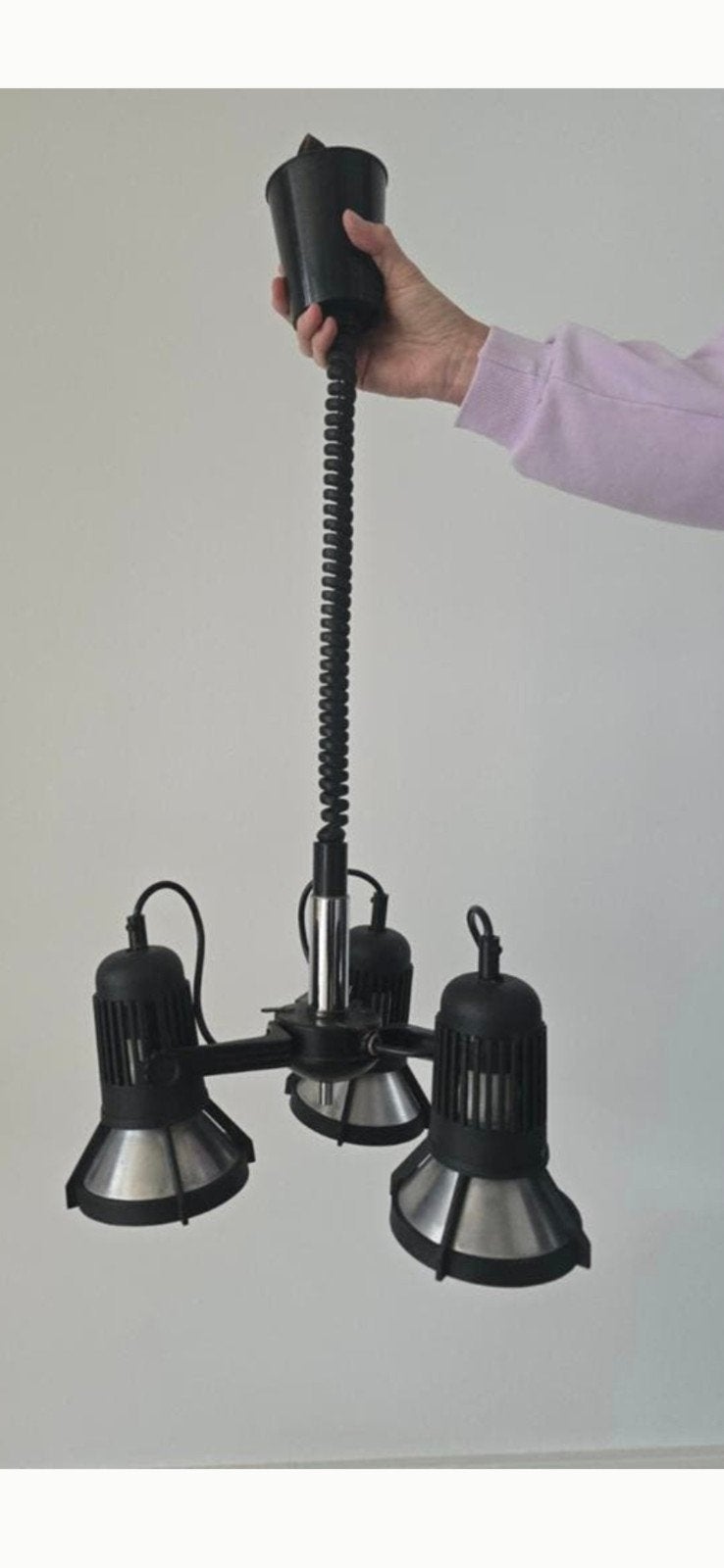 vintage industriële hanglamp met een spiraalsnoer & 3 spots, Kunststof, Zo goed als nieuw, Vintage retro industrieel, E27 (groot)