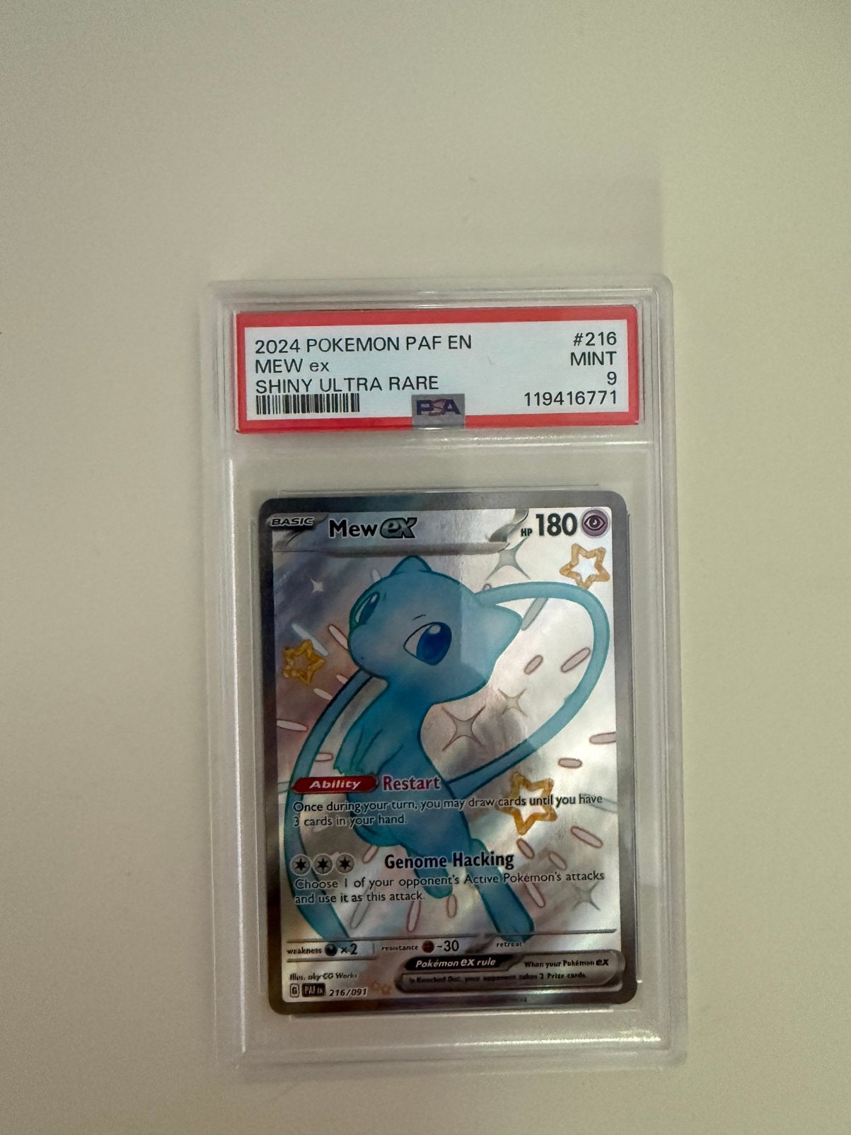 Mew ex Shiny Ultra Rare PSA 9 - 2024 Pokemon PAF EN, Hobby en Vrije tijd, Verzamelkaartspellen | Pokémon, Ophalen of Verzenden