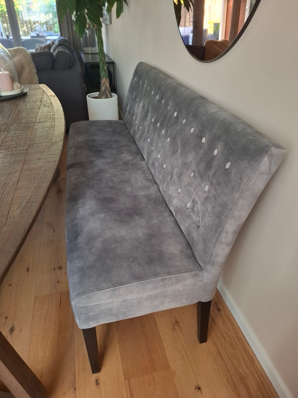 Prachtige groen/grijze eetkamerbank te koop, Ophalen, Minder dan 75 cm, 150 tot 200 cm, Driepersoons