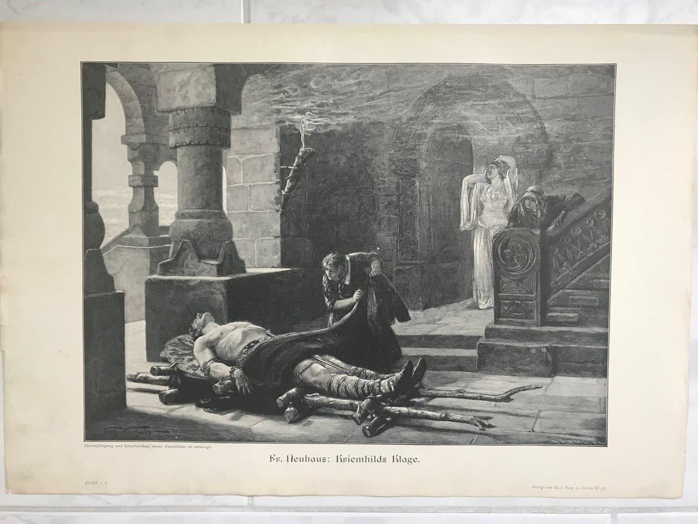 Fr. Neuhaus,Kriemhilds Klage, 1903, or. gravure, 32x23cm., Antiek en Kunst, Kunst | Etsen en Gravures, Origineel, Stadsgezicht