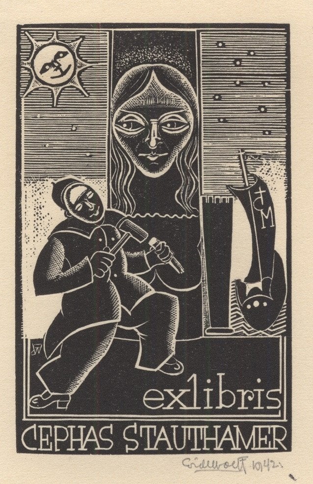 0372 Ex Libris Nederland : Cor de Wolff, 1942, Antiek en Kunst, Kunst | Etsen en Gravures, Verzenden, Ex libris