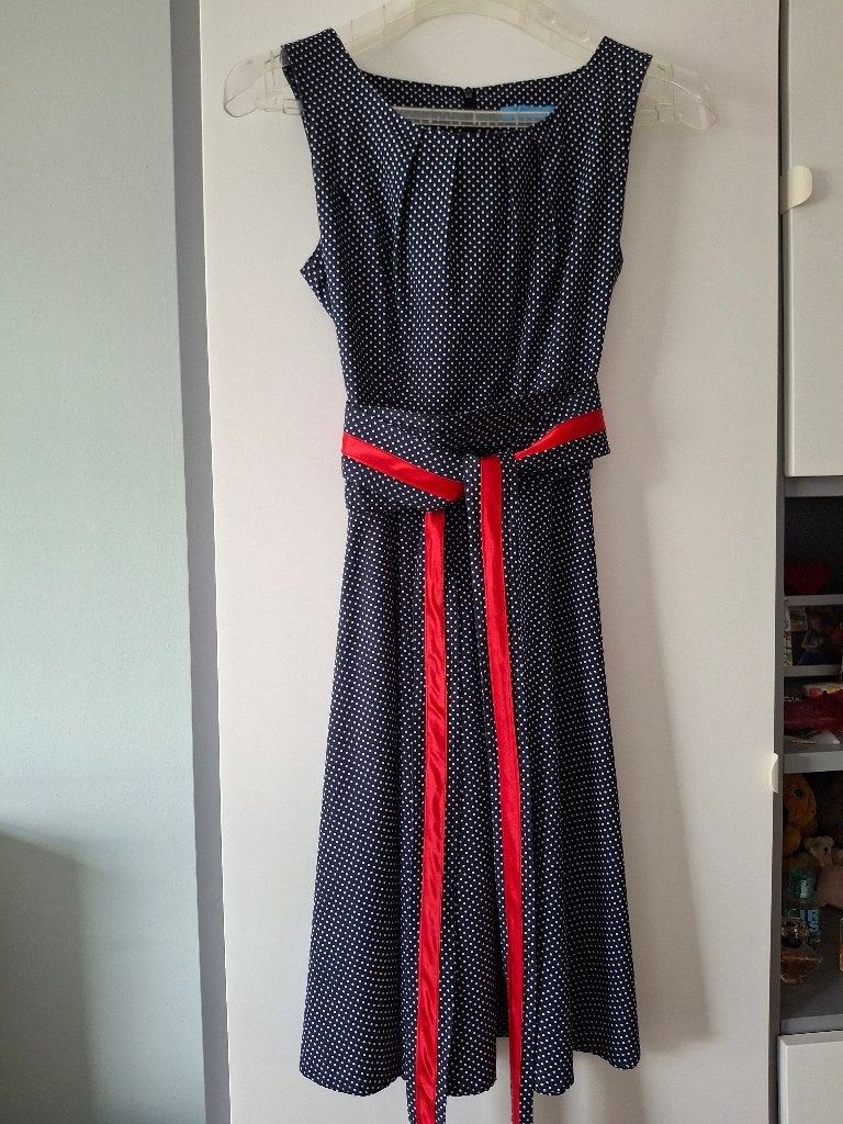 Lien & Giel polkadot jurk met rode bies, Zo goed als nieuw, Knielengte, Maat 36 (S), Verzenden