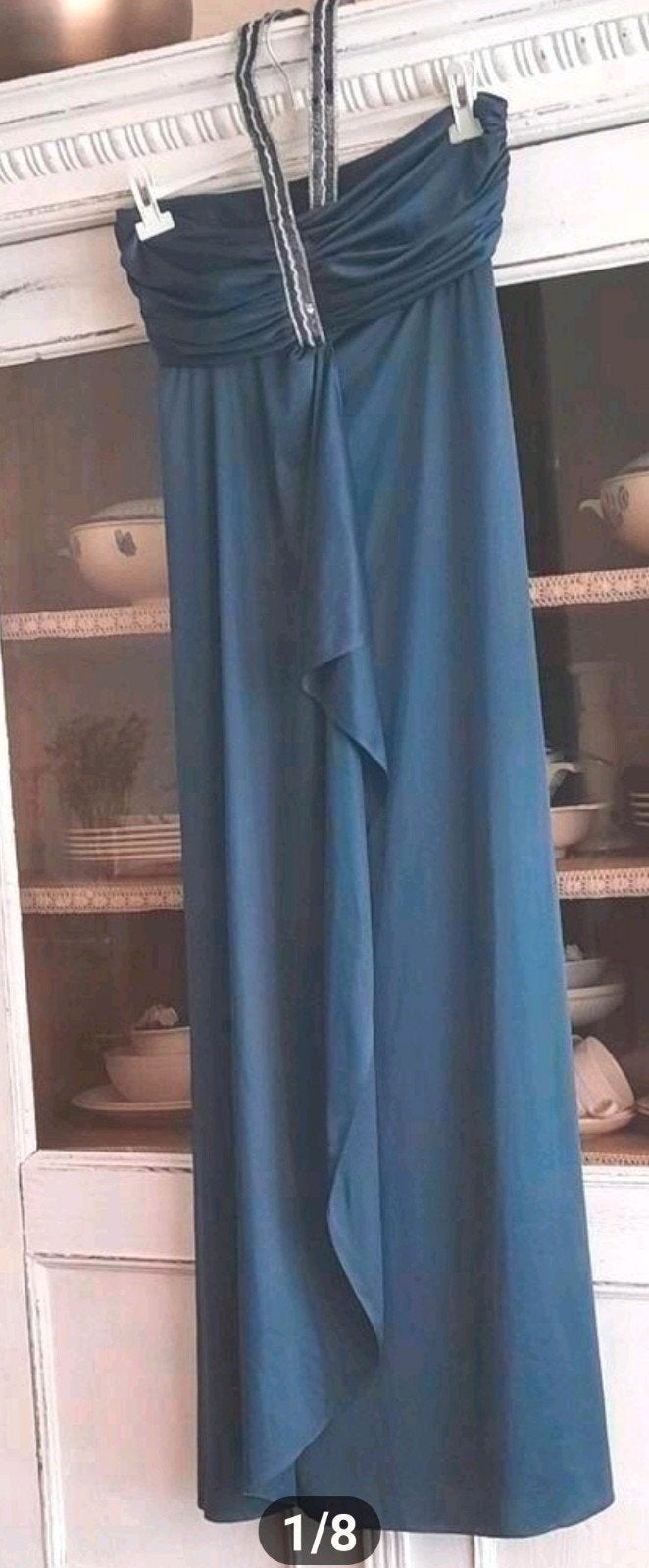 Rafblauwe satijnen halter overslag avondjurk, Galajurk, Maat 42/44 (L), Verzenden, Blauw