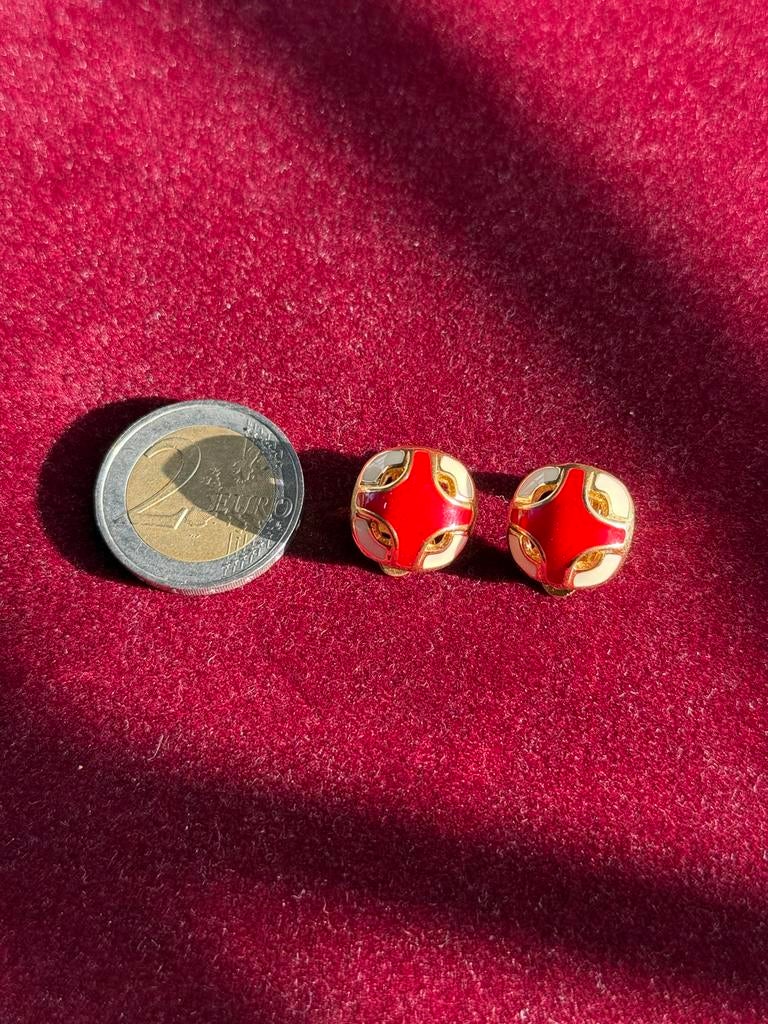Vintage Cloisonné Oorbellen Rood Crème Goud, Overige materialen, Gebruikt, Ophalen of Verzenden, Knopjes of Stekers