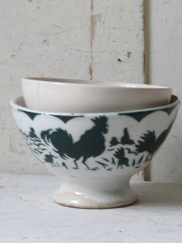 Antieke Franse Bol Kom met Haan Decor - Groen en Wit, Antiek en Kunst, Ophalen of Verzenden
