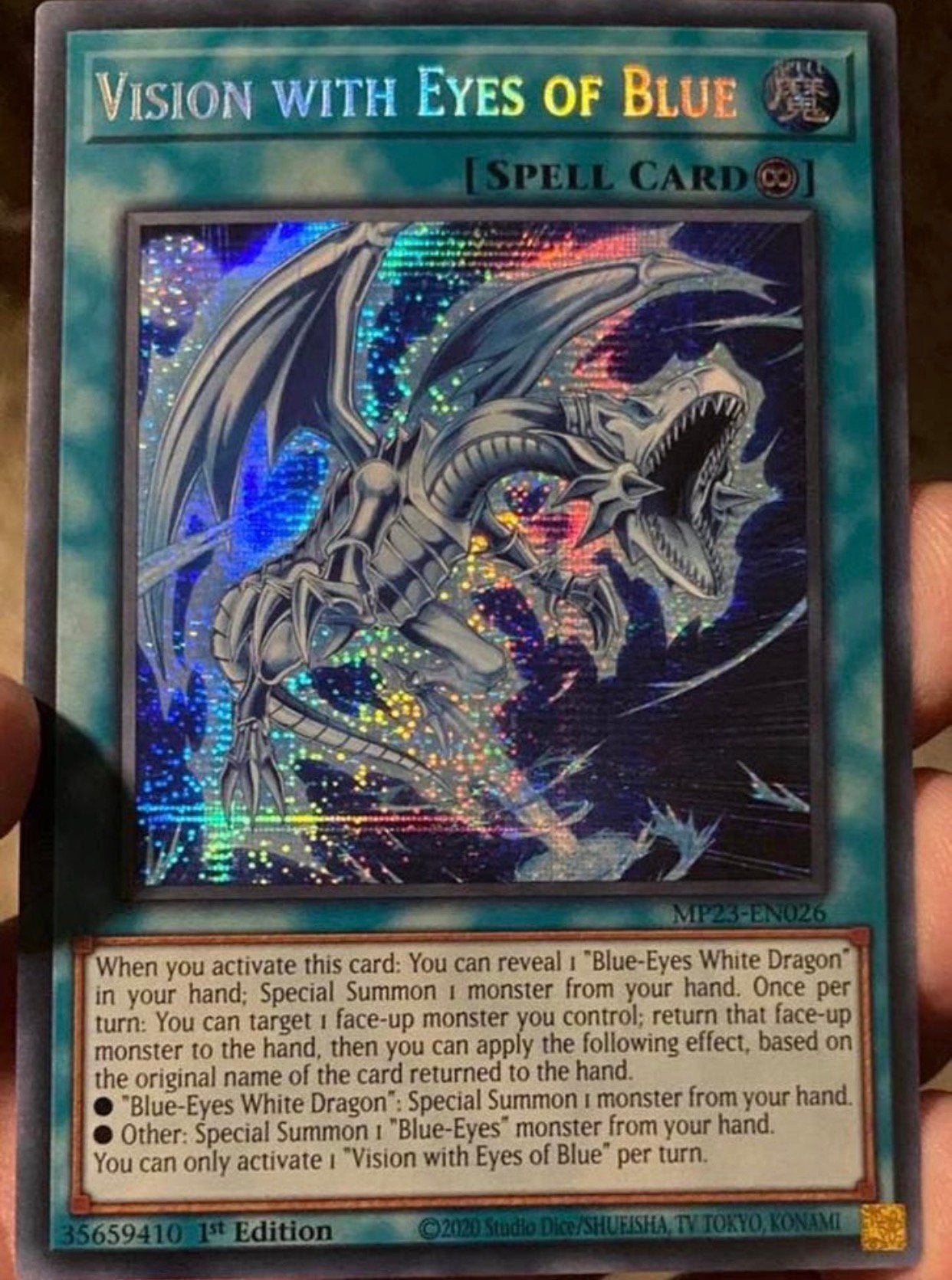 Yu-Gi-Oh! Vision with Eyes of Blue MP23 1st Edition !, Ophalen of Verzenden, Zo goed als nieuw, Losse kaart, Foil