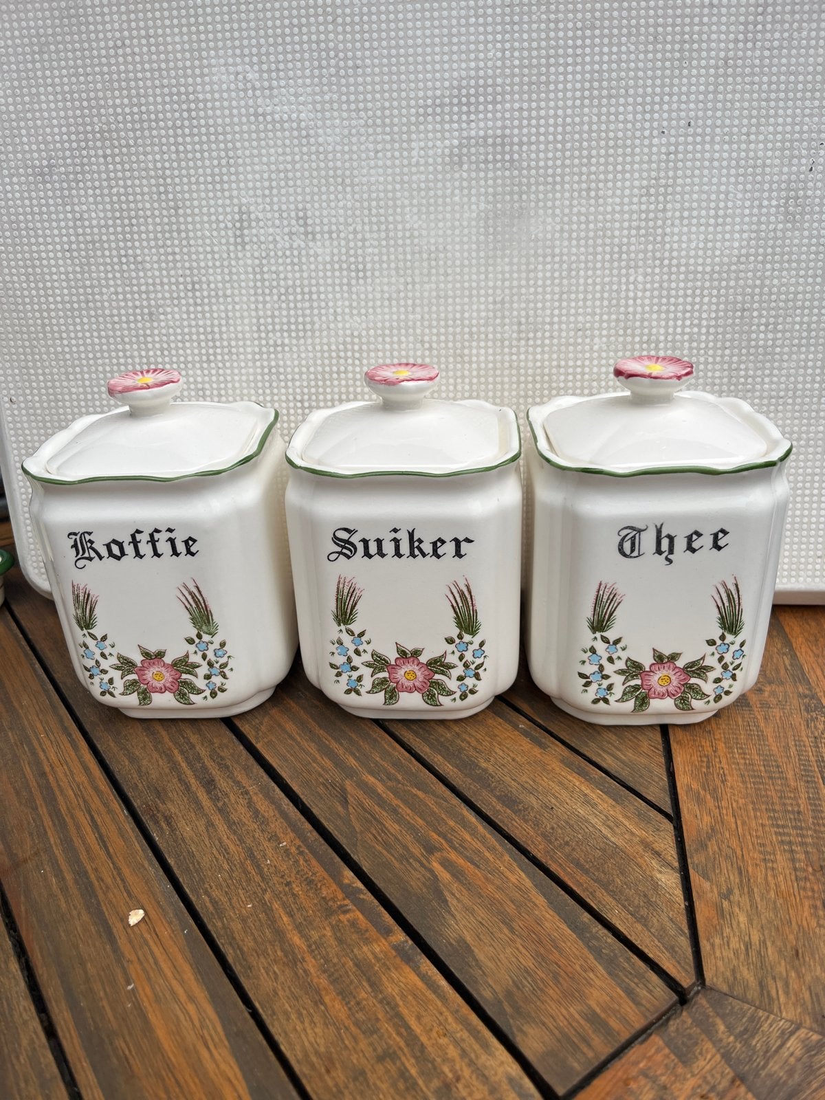 Vintage voorraadpotten: Koffie, Suiker, Thee, Gebruikt, Ophalen of Verzenden, Voorraadpot, Steen/keramiek